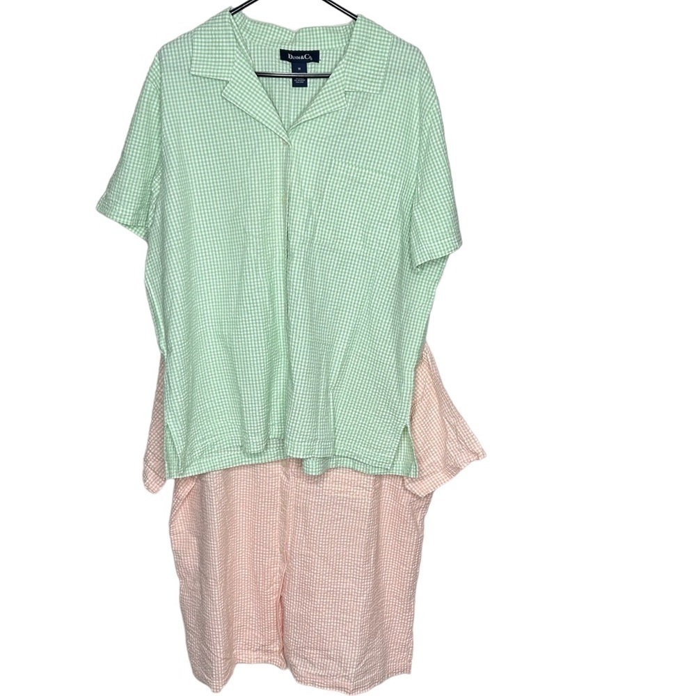 Denim & Co. Women’s Seersucker Button Front Shirt Lot Of 2 Green Peach Check 1X